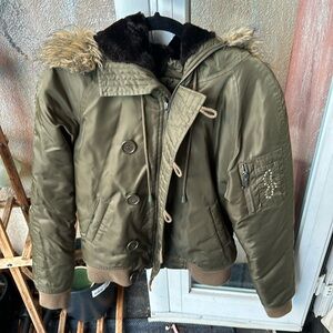 Juicy Couture olive vintage satin puffer jacket M